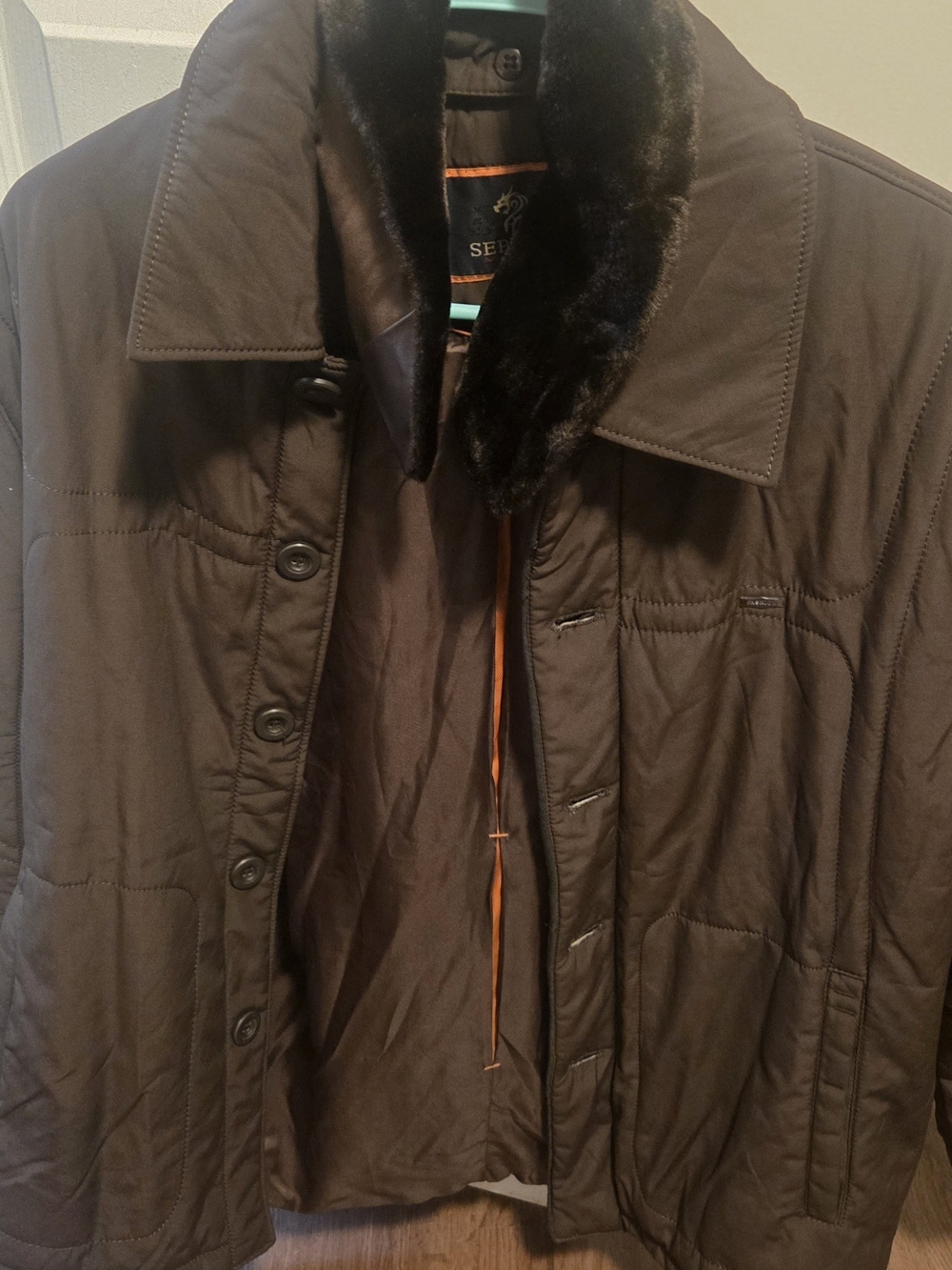 SEBAGO Dark  Brown Quilted Men's Jacket Coat  with Faux Fur Collar Large